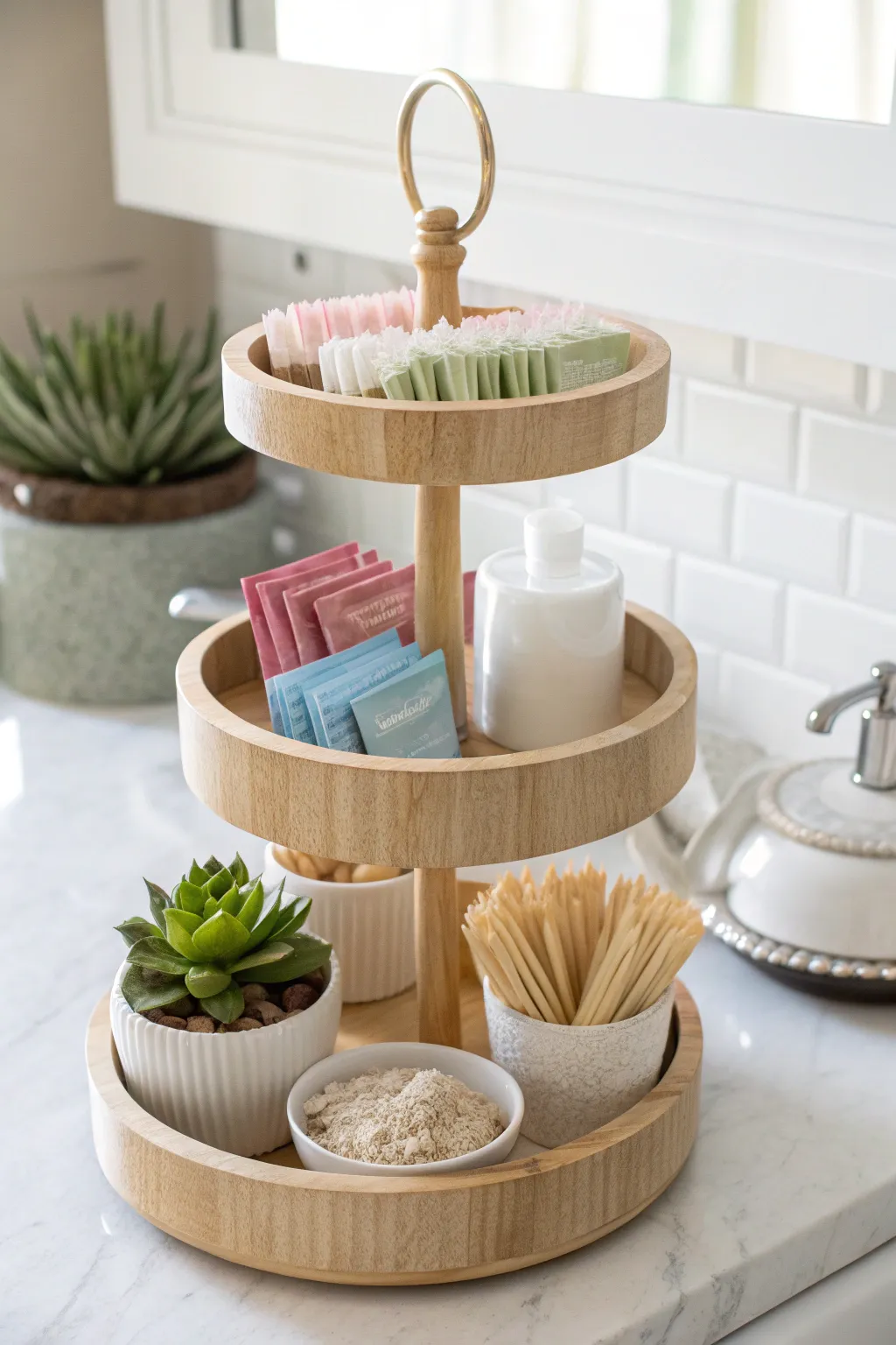 Elevate your bathroom organization with a touch of elegance and simplicity. This tiered tray keeps your essentials stylishly in place.