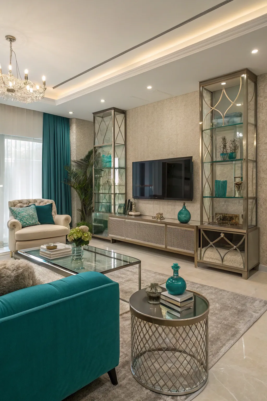 Mixed materials add sophistication to the teal and beige scheme.