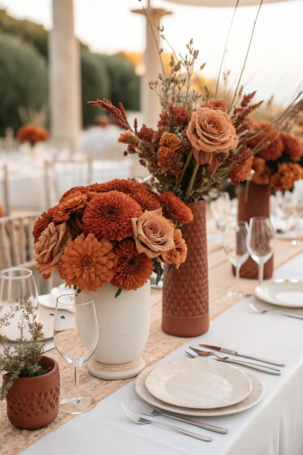 Terracotta-colored flowers infuse warmth and vibrancy.