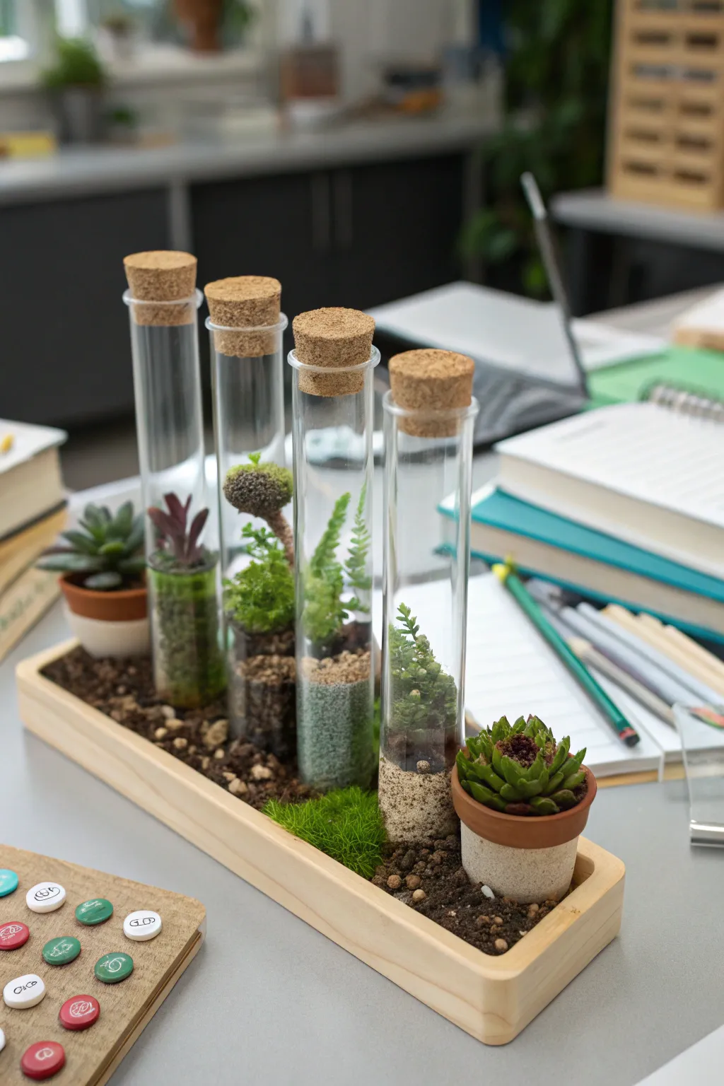 Test tube terrariums bring a touch of greenery to compact spaces.