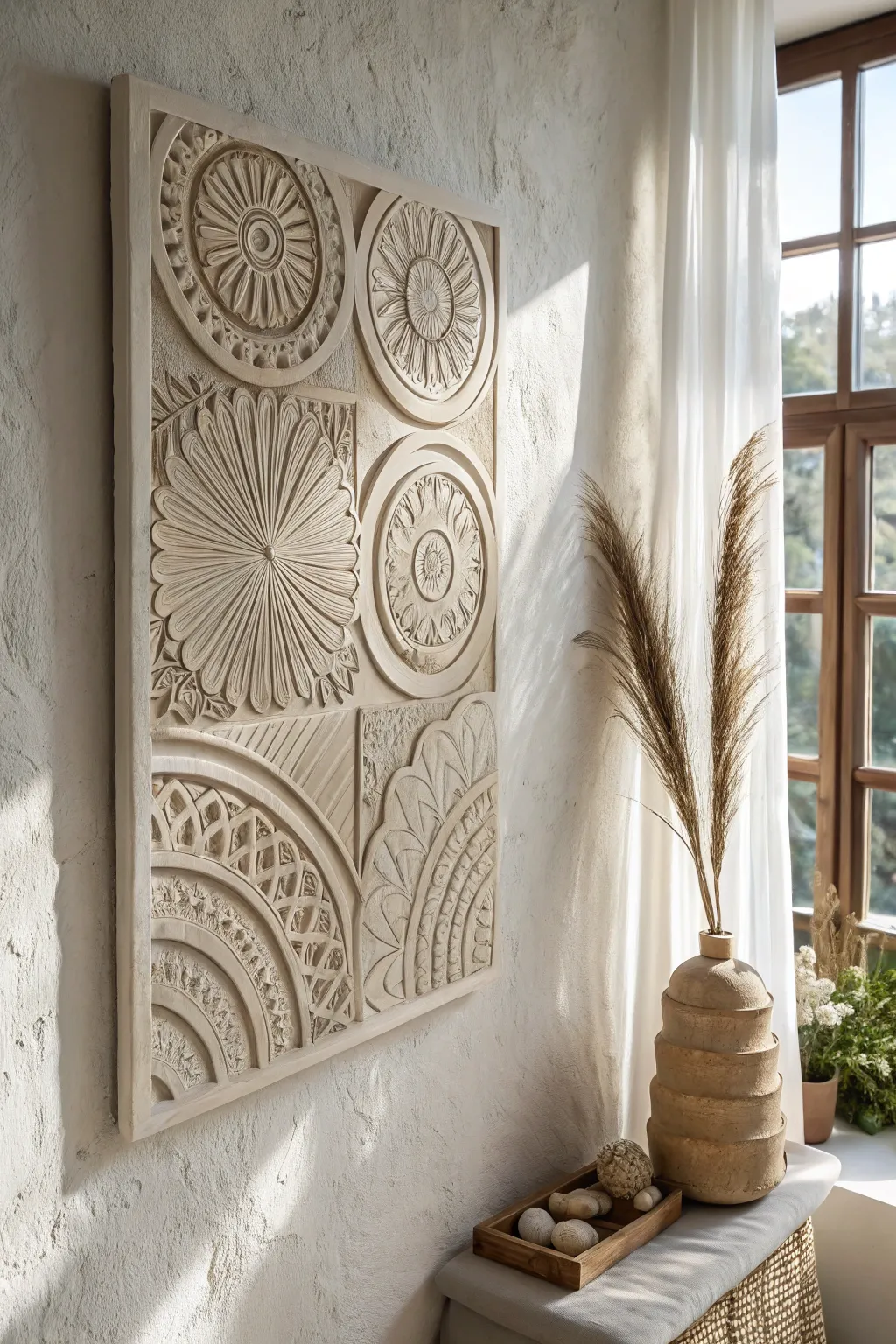 Embrace the artistry of light and shadow with this stunning textured clay panel, where simplicity meets elegance.
