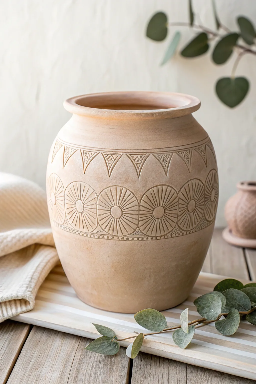 Elevate your decor with this elegantly stamped clay pot: where minimalist design meets boho artistry.