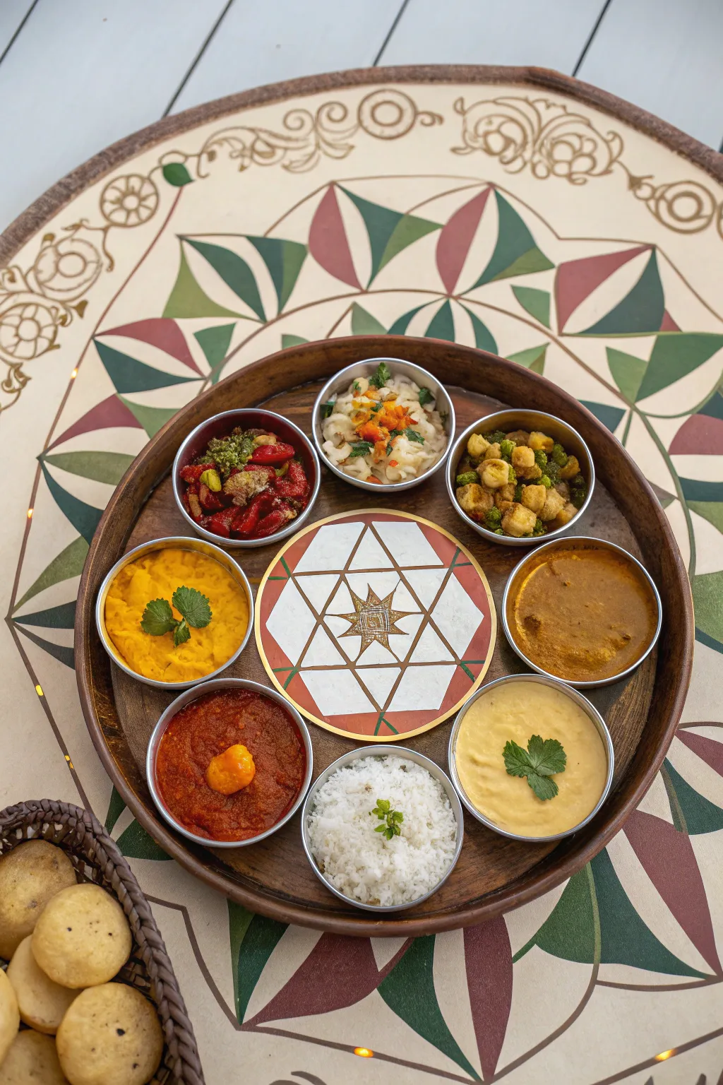 A thali showcasing modern geometric patterns for a contemporary look.