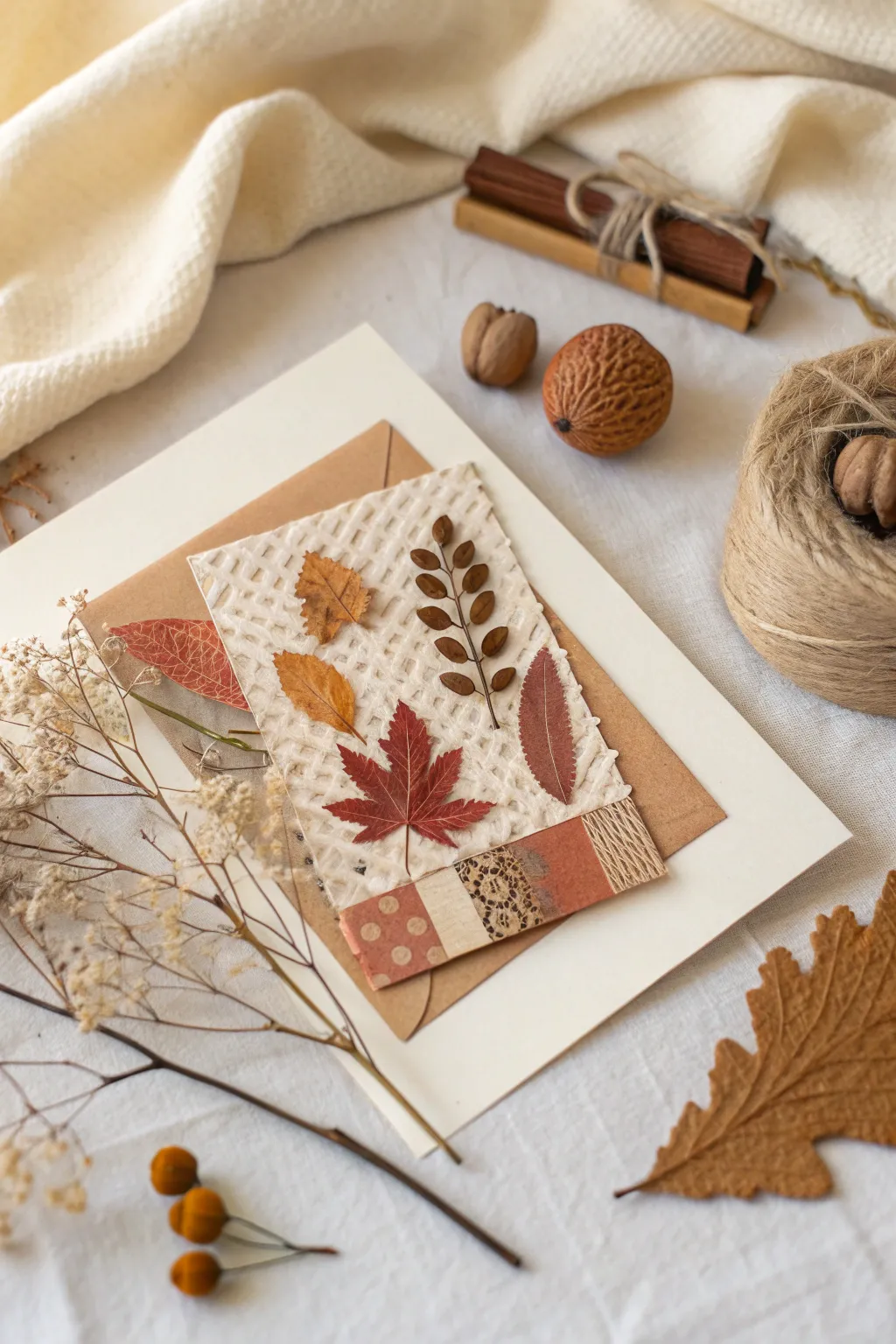 Craft an enchanting autumn collage card with nature's treasures and a touch of creativity.