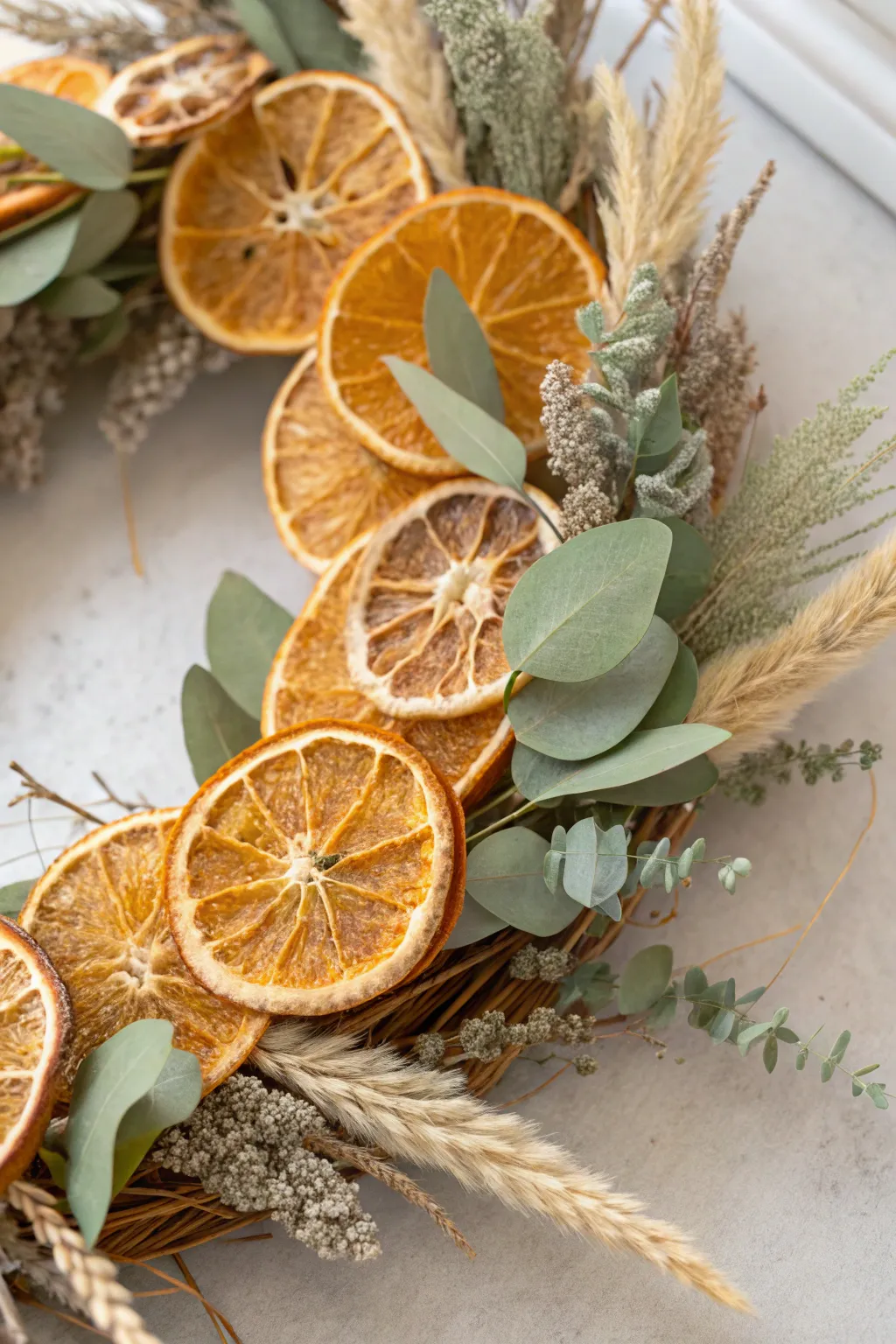 Add a splash of color and a hint of autumn fragrance with this DIY dried orange slice wreath. Perfect for a minimalist Thanksgiving touch!