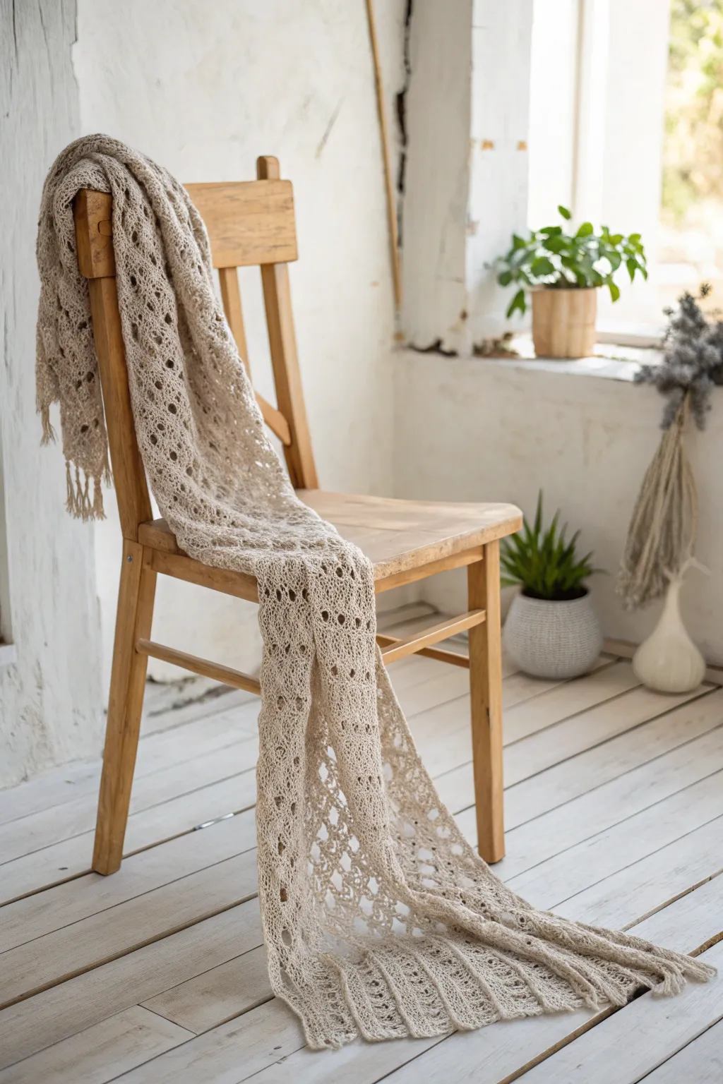 Embrace elegance with a hand-crocheted airy scarf, the perfect blend of simplicity and natural beauty.