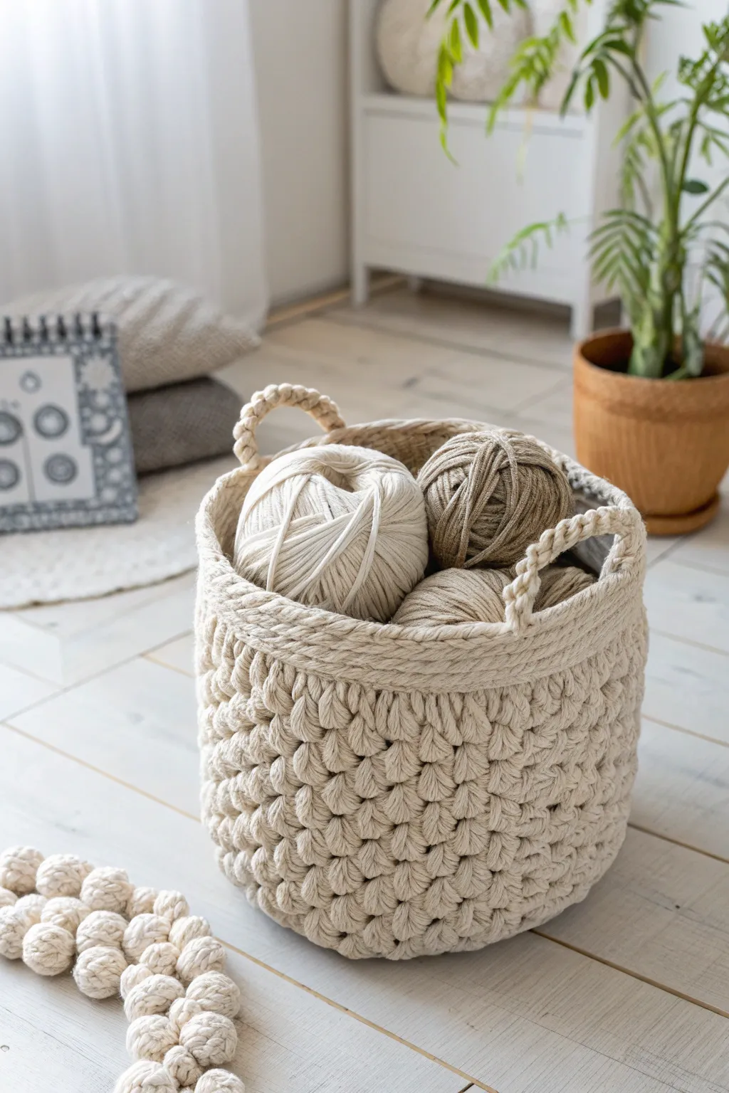 Elevate your space with the charm of a handmade crochet basket. Perfect for organizing with style.