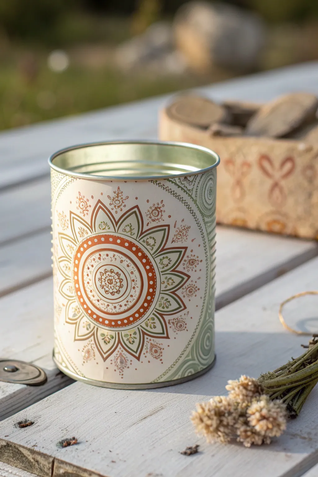 Transform your tin cans into meditative masterpieces with intricate mandala designs. Embrace the beauty of simplicity and craftsmanship.