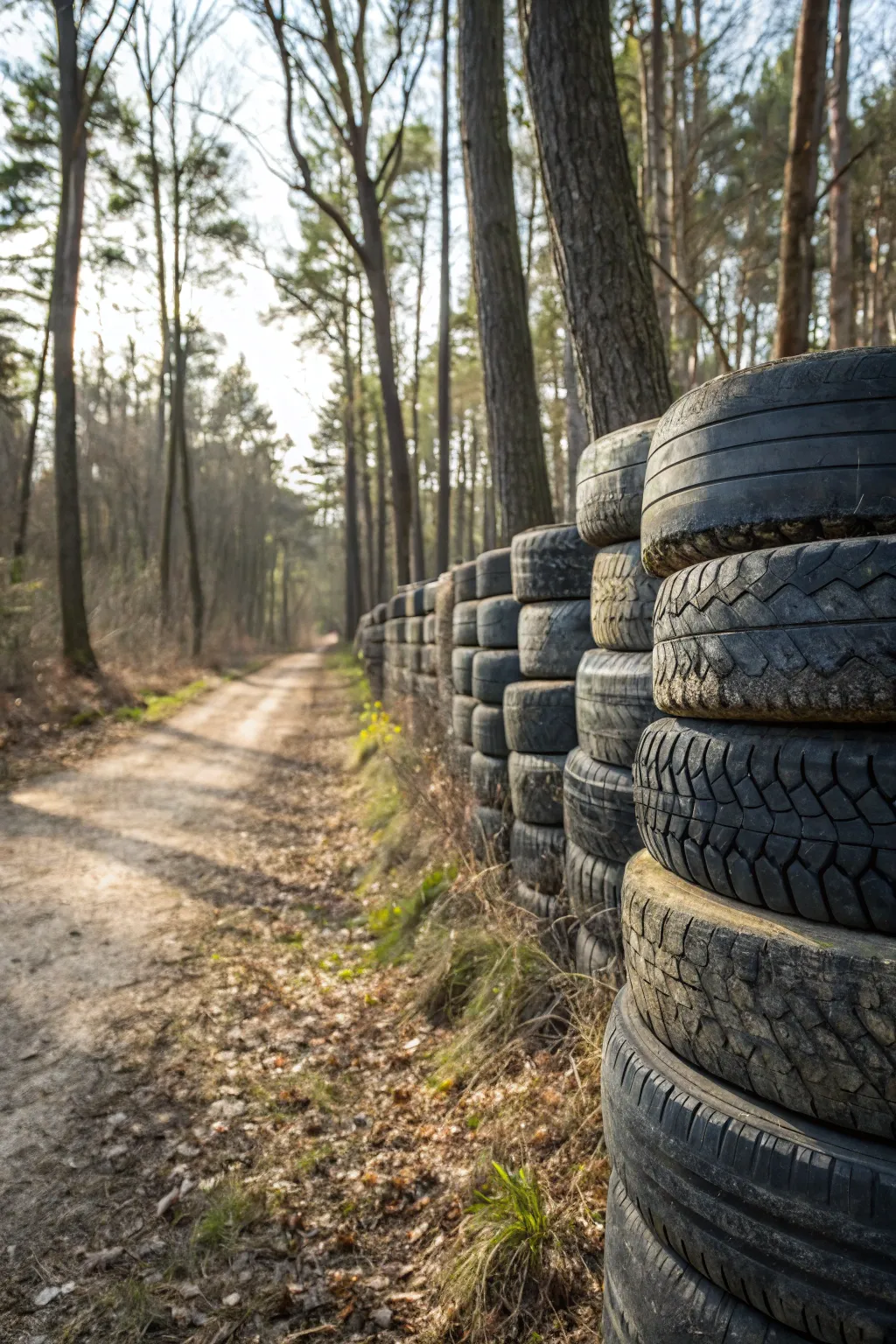 Discover the rugged charm of a rustic tire fence, perfectly blending with nature's beauty.