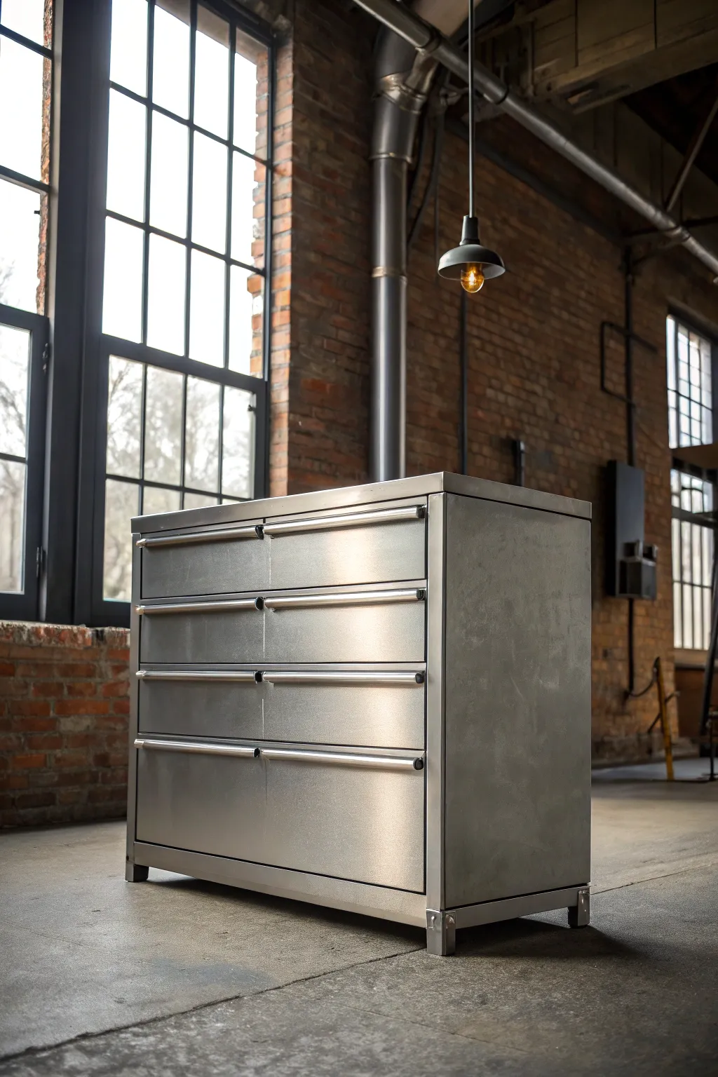 Elevate your space with a minimalist metallic dresser that perfectly complements an industrial loft vibe.