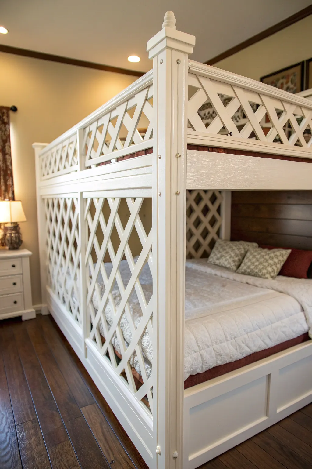 Elevate your bunk bed style with a chic lattice trellis guard rail — where safety meets sophistication.