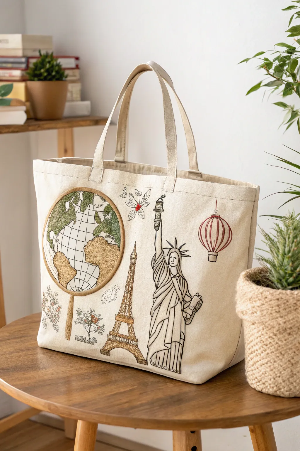 Carry your wanderlust wherever you go with this beautifully embroidered travel-themed tote. #TravelDreams #EmbroideryArt