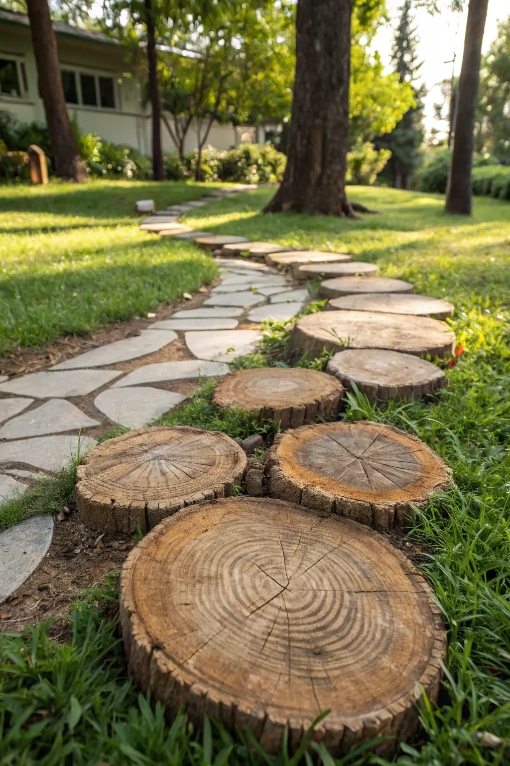 Elevate your garden with rustic charm: Tree stump stepping stones create a naturally stunning pathway.