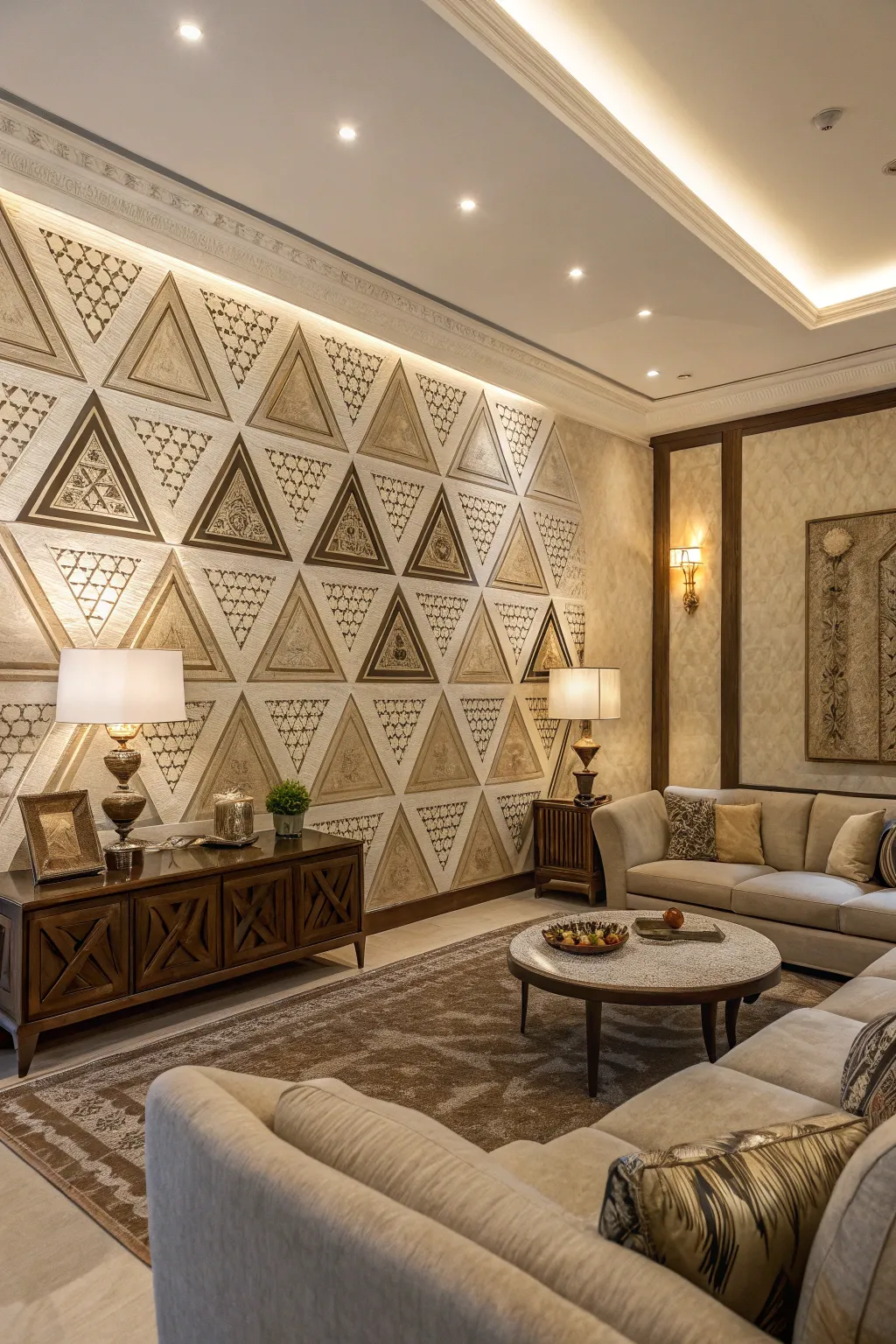 Layered triangles add sophistication and depth.