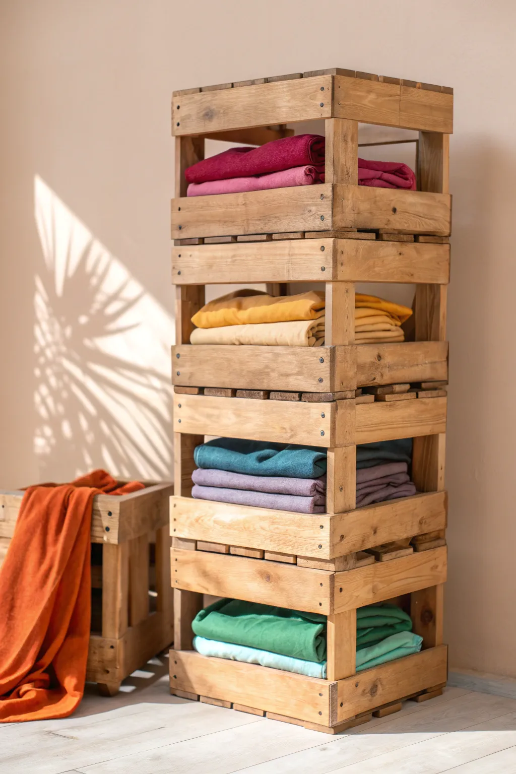 Transform rustic crates into a chic t-shirt display that blends natural warmth with vibrant style.