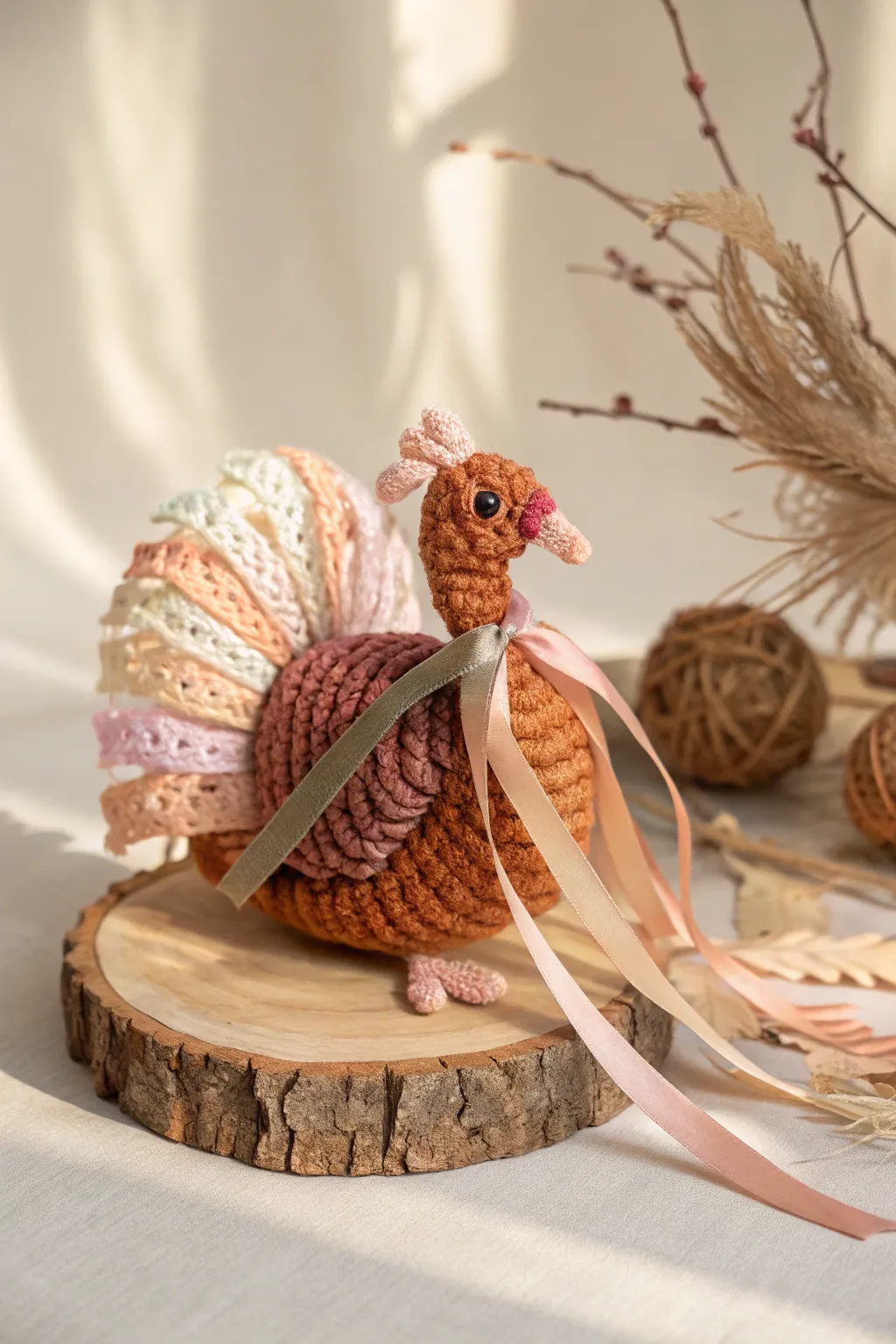 Transform your crafting scraps into a charming yarn and ribbon turkey, blending simplicity with boho elegance.