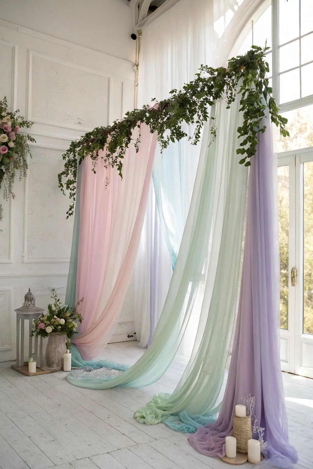 Transform any space into a dreamy haven with layers of pastel tulle and drapes. Perfect for your next unicorn-themed gathering!