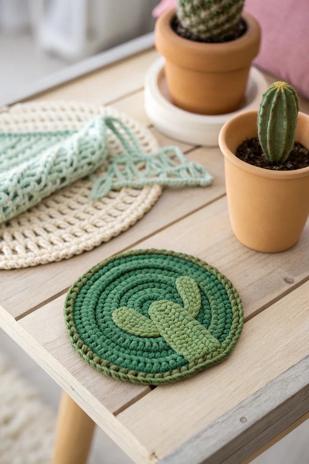 Add a touch of handmade charm to your space with quirky cactus crochet coasters.