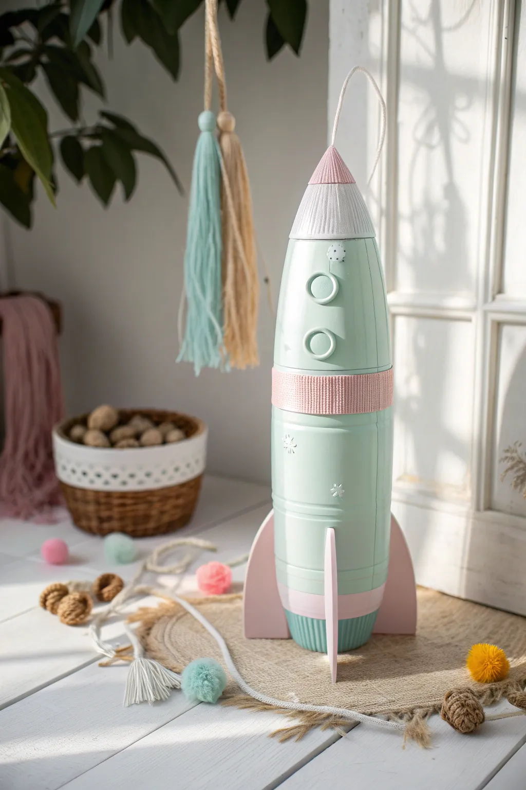 Blast off with creativity! This upcycled bottle rocket combines minimalist charm with boho flair, perfect for sparking imagination.