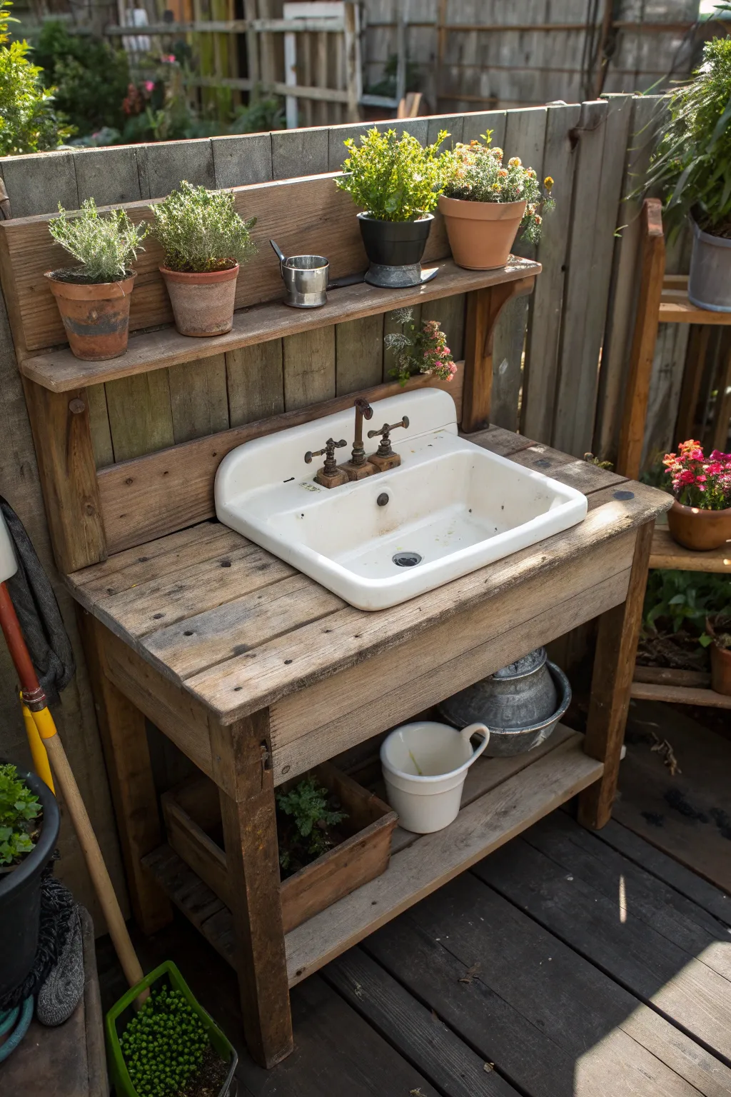 Transform your potting bench with a touch of vintage charm by adding a reclaimed ceramic sink.