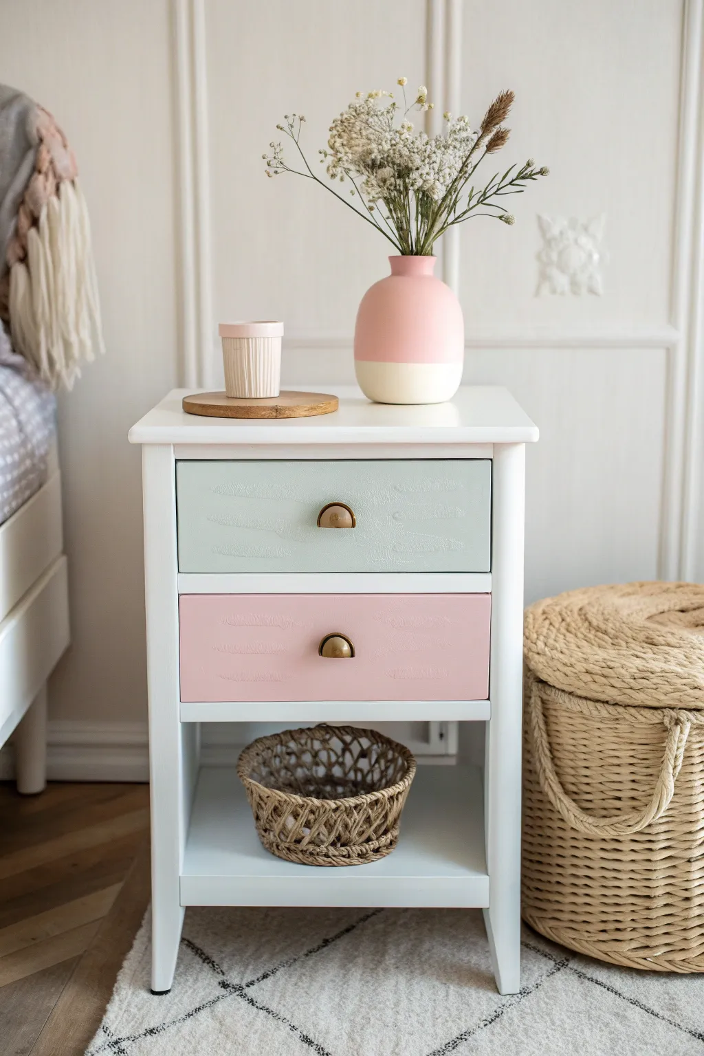 Transform your bedroom with a minimalist nightstand makeover in soothing pastels.