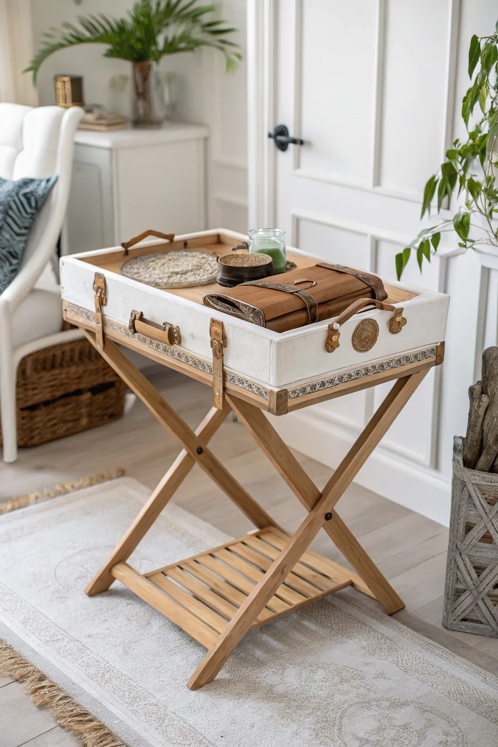 Transform your space with this chic upcycled luggage rack side table—where simplicity meets vintage charm!