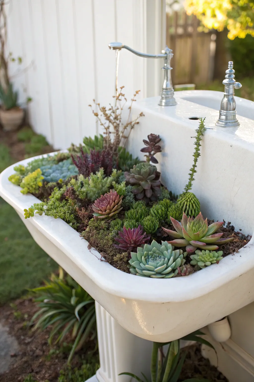 Transform an old sink into a stunning succulent centerpiece for your garden, blending minimalist charm with bohemian flair.
