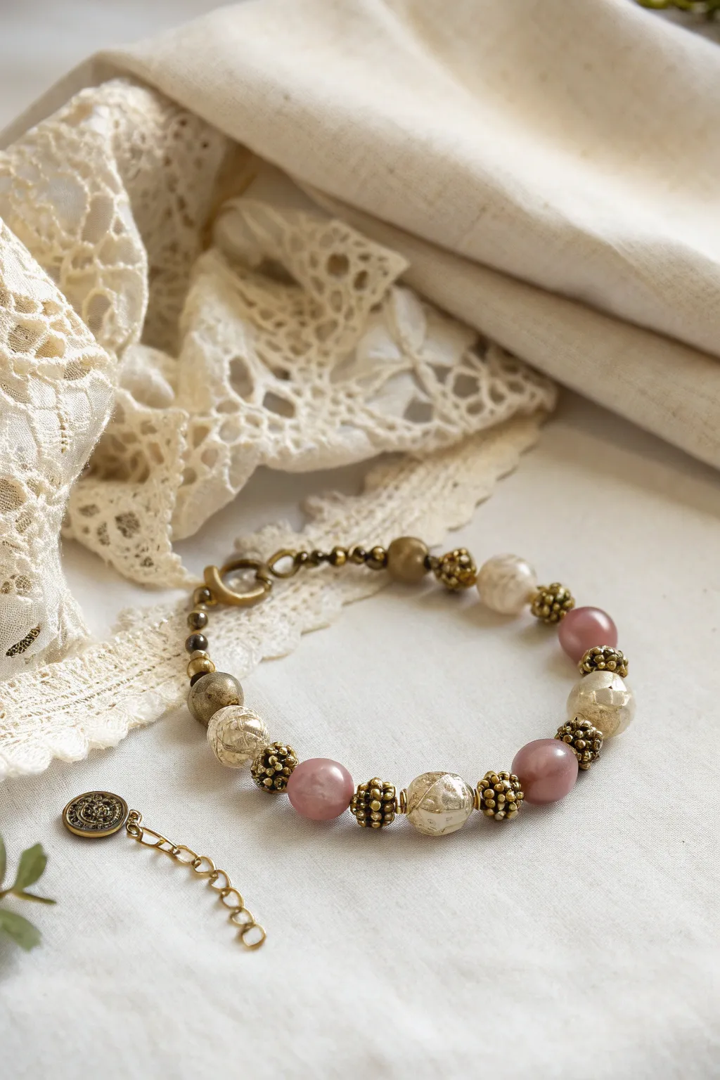 Embrace vintage romance with this charming bracelet, where antique beads meet delicate lace for a timeless touch.