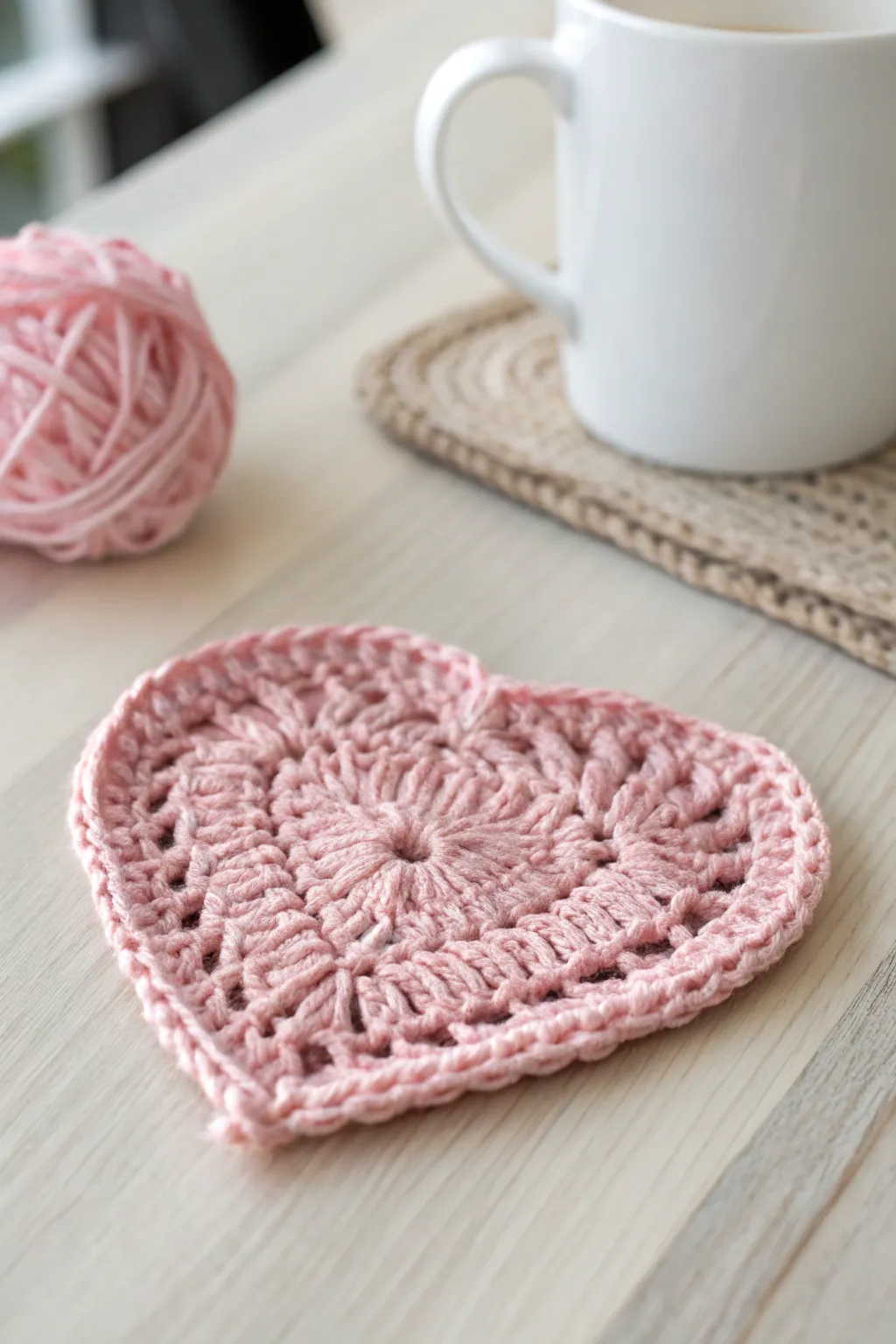 Add a touch of love to your mornings with this charming heart-shaped crochet coaster.
