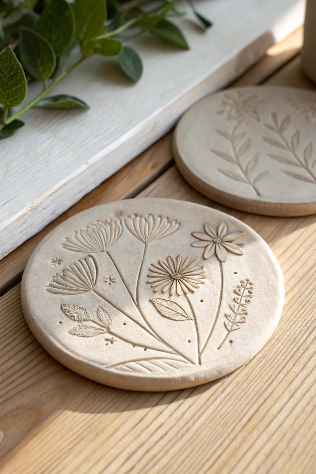 Add a touch of handcrafted romance to your table with these floral clay coasters.