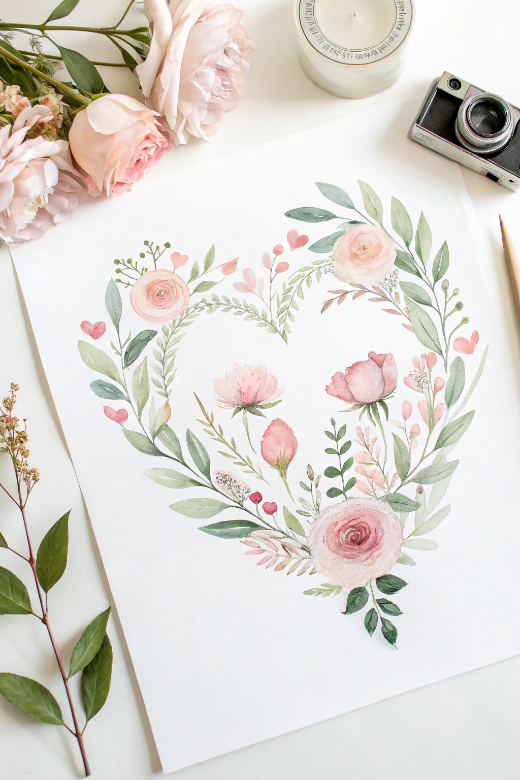 Capture the essence of nature's love with this heart-shaped watercolor masterpiece.