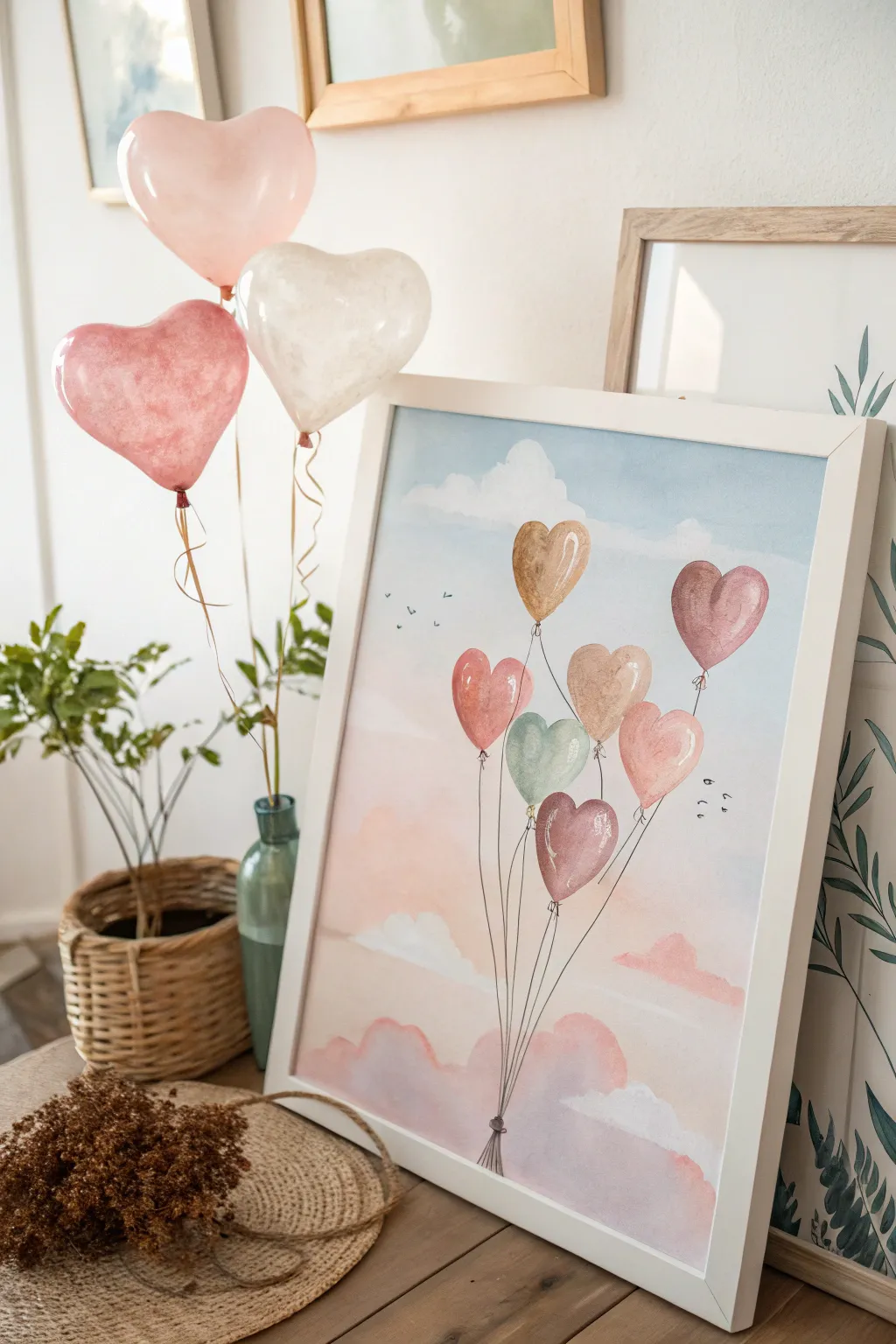 Whisk your heart away with a whimsical watercolor capturing love in the air. #ValentinesArt #ScandiBoho