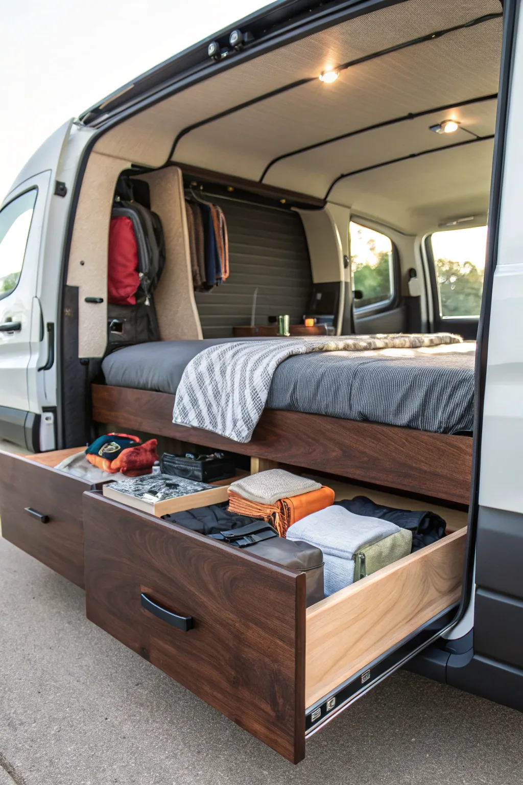 Maximize your van's potential with a stylish convertible bed and hidden storage.
