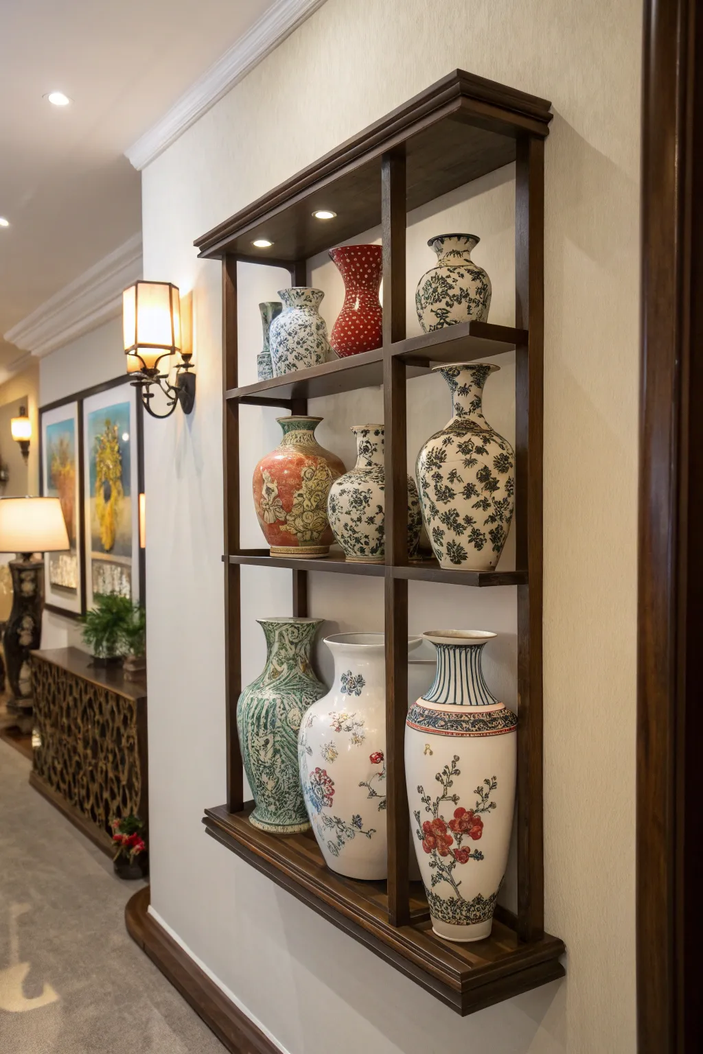 Wall-mounted racks transform vases into art pieces on display.