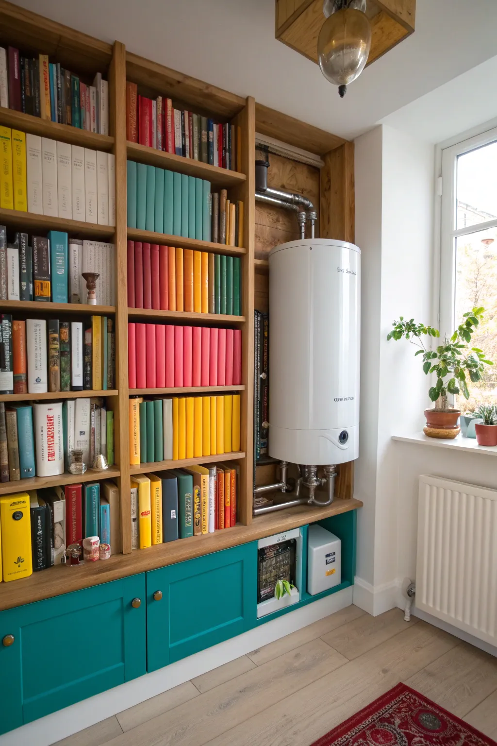 A bookcase facade cleverly hides a water heater while adding functional storage and style. 📚 #InnovativeDesign #HomeLibrary