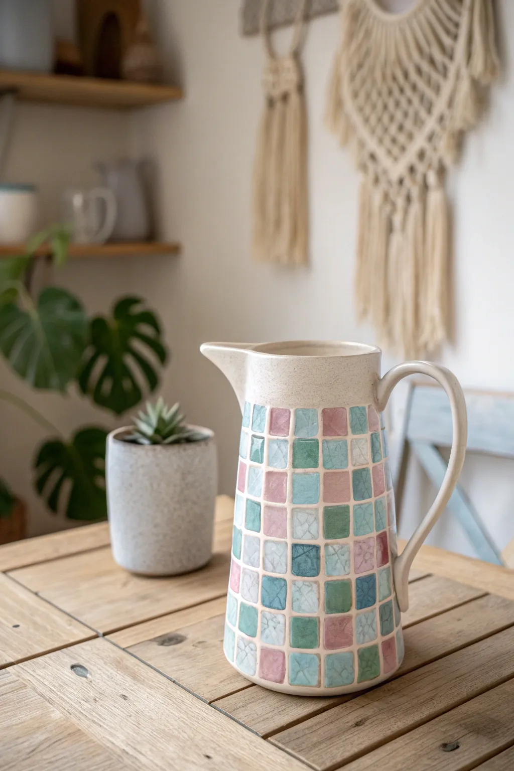 Elevate your decor with the timeless beauty of a mosaic-adorned water jug, where simplicity meets artistic flair.