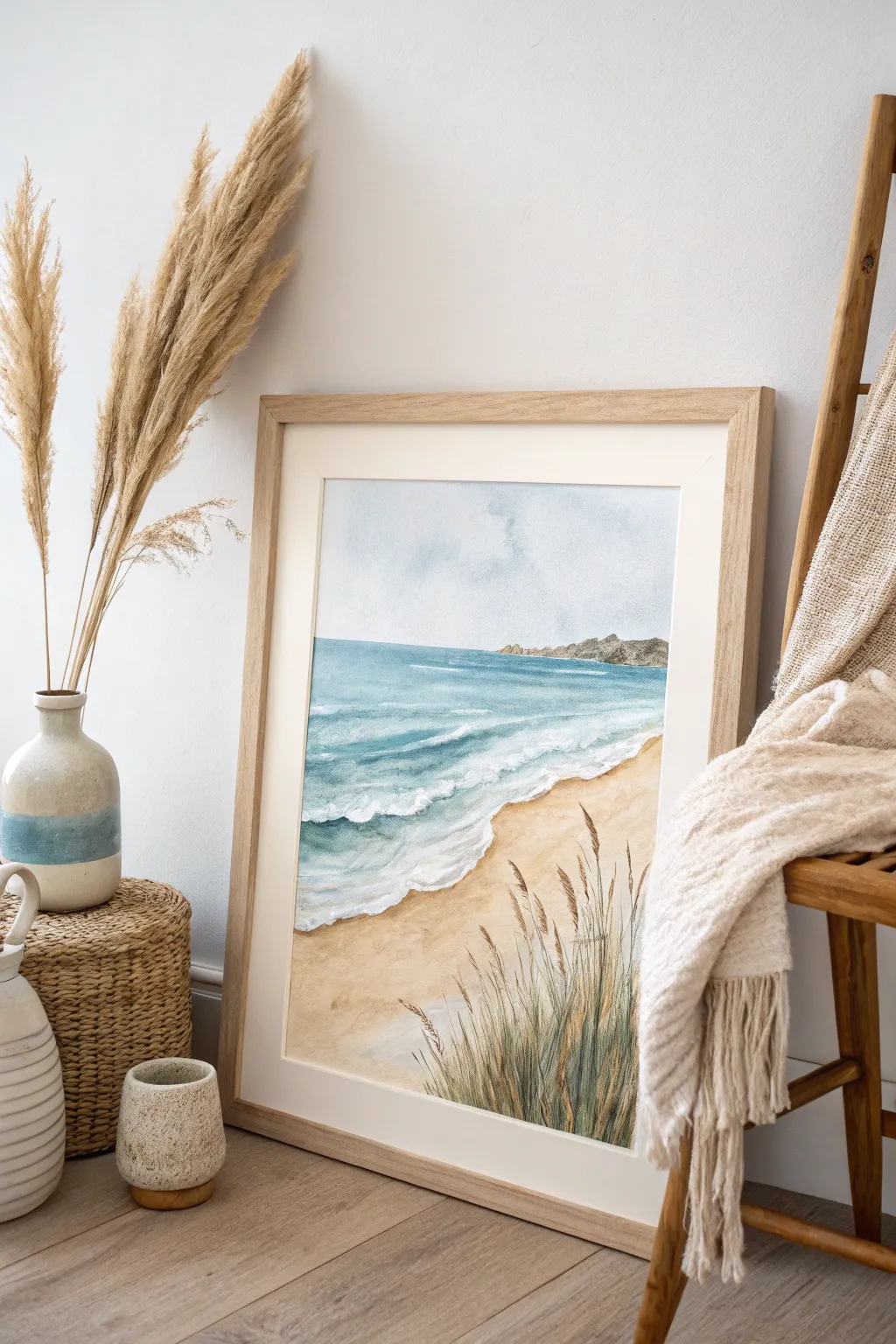 Capture the essence of summer with this serene watercolor beach scene, perfect for adding a touch of tranquility to your home.