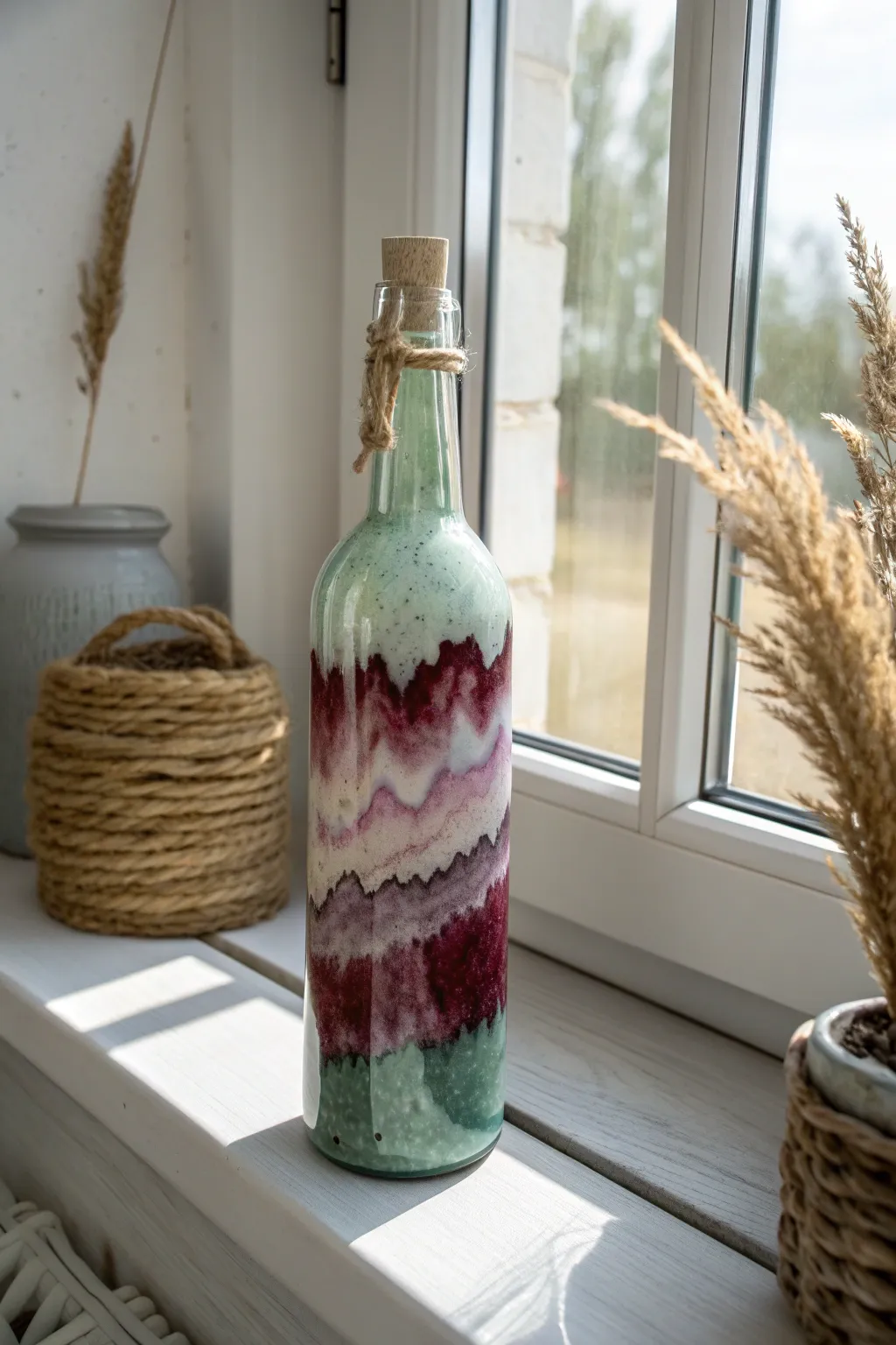 Elevate your decor with an artisanal wax-coated bottle, where simplicity meets bohemian charm.