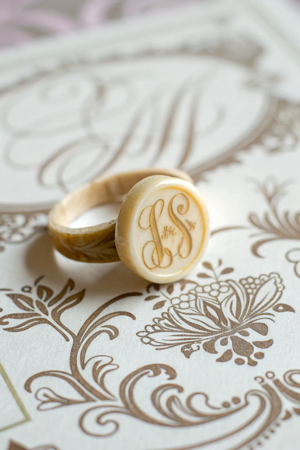 A personalized wax ring with carved initials.