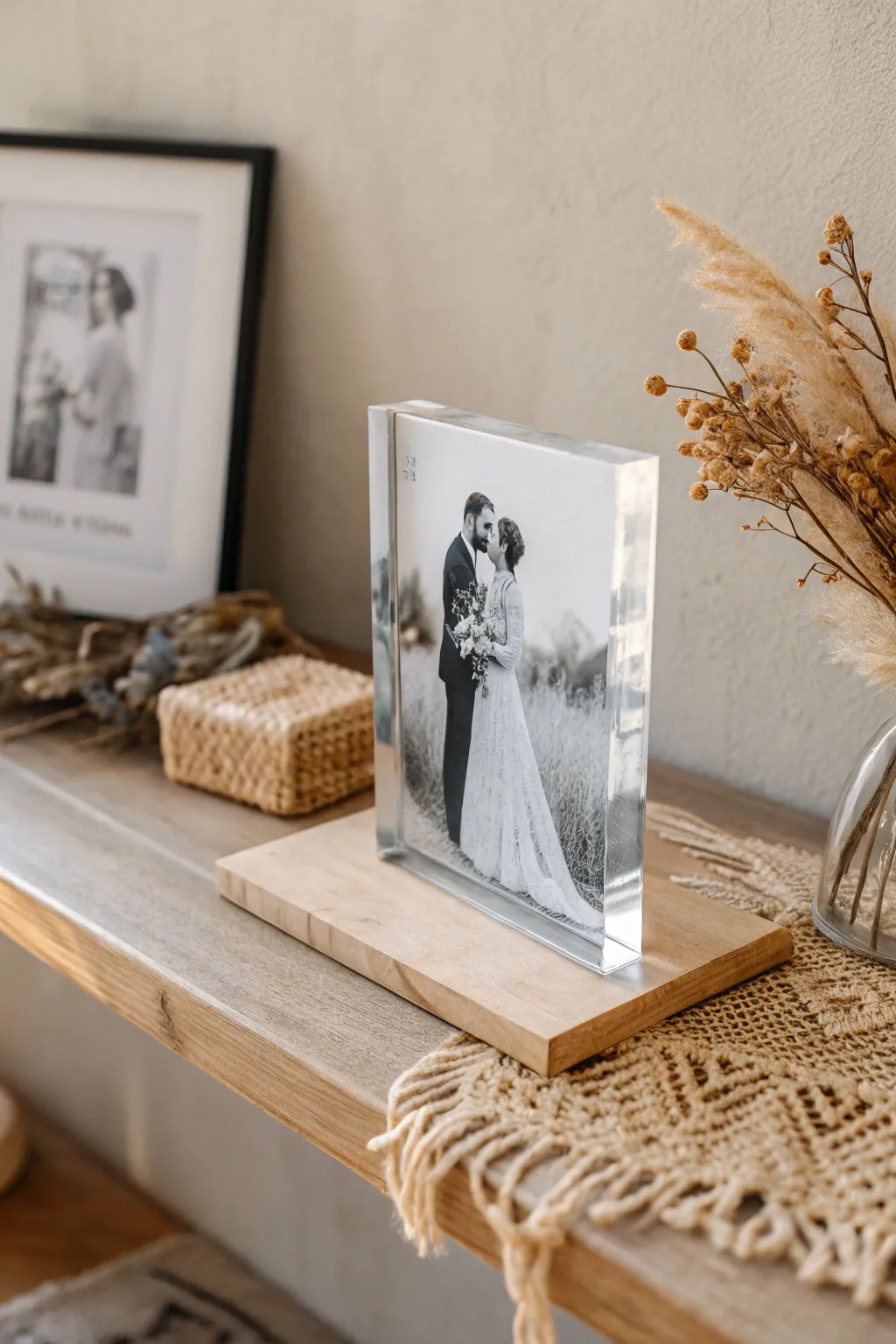Capture timeless love with a chic acrylic photo block—where modern elegance meets natural beauty.