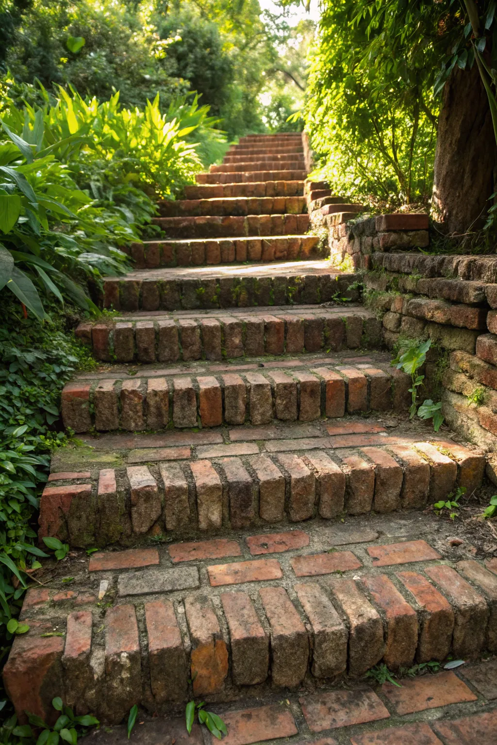 Transform your garden with timeless charm: sturdy brick steps that blend seamlessly with nature.