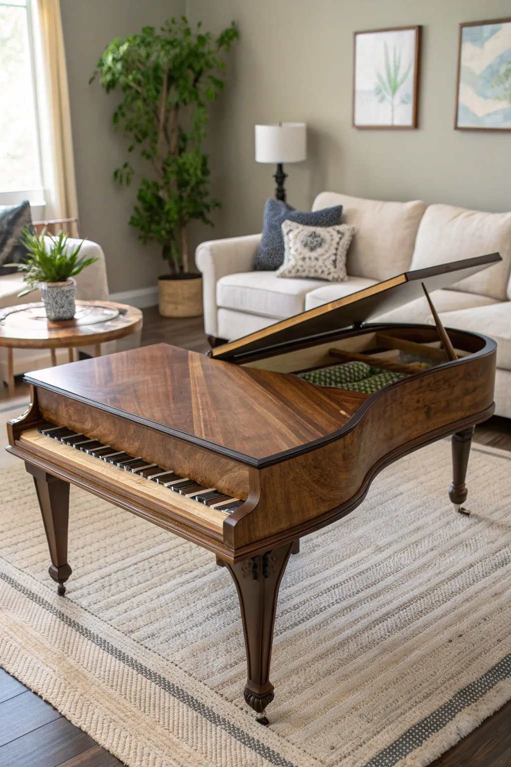 Transform melodies into memories with a piano-lid coffee table centerpiece. 🎹✨