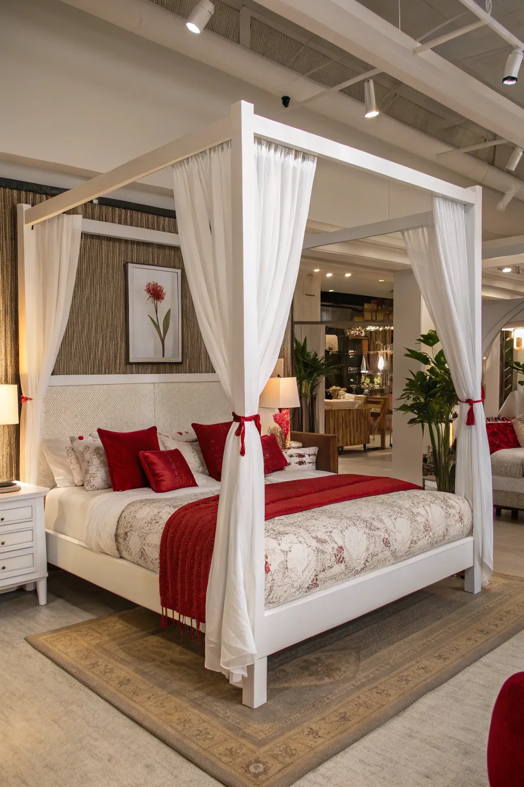 A white canopy bed adorned with red accents exudes romance and luxury.