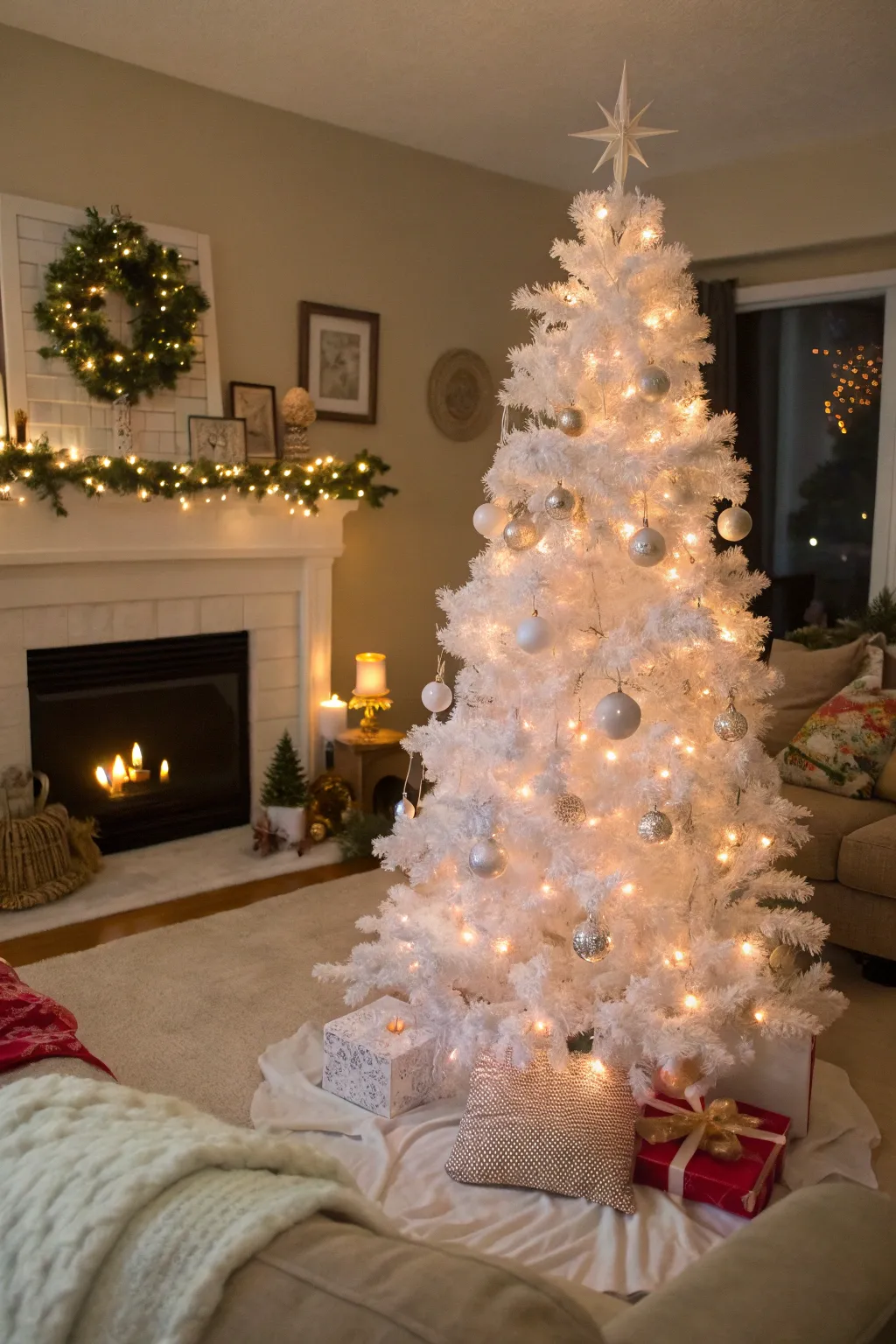 A playful pom-pom cluster adds whimsy to this Christmas tree.