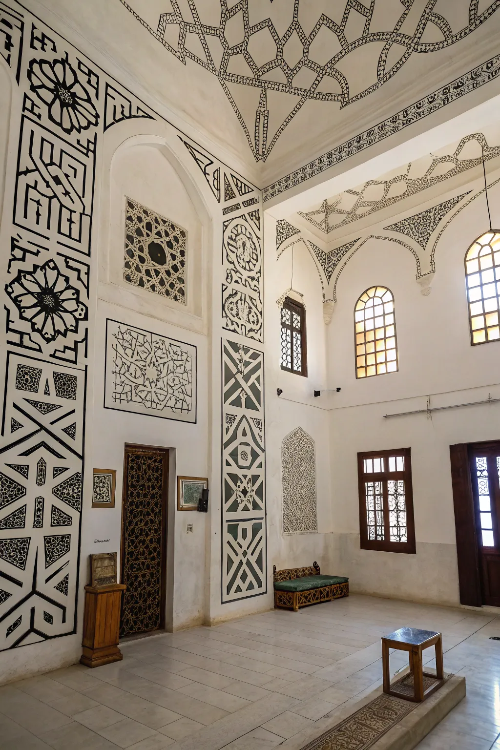 Geometric patterns add a modern twist to white walls.