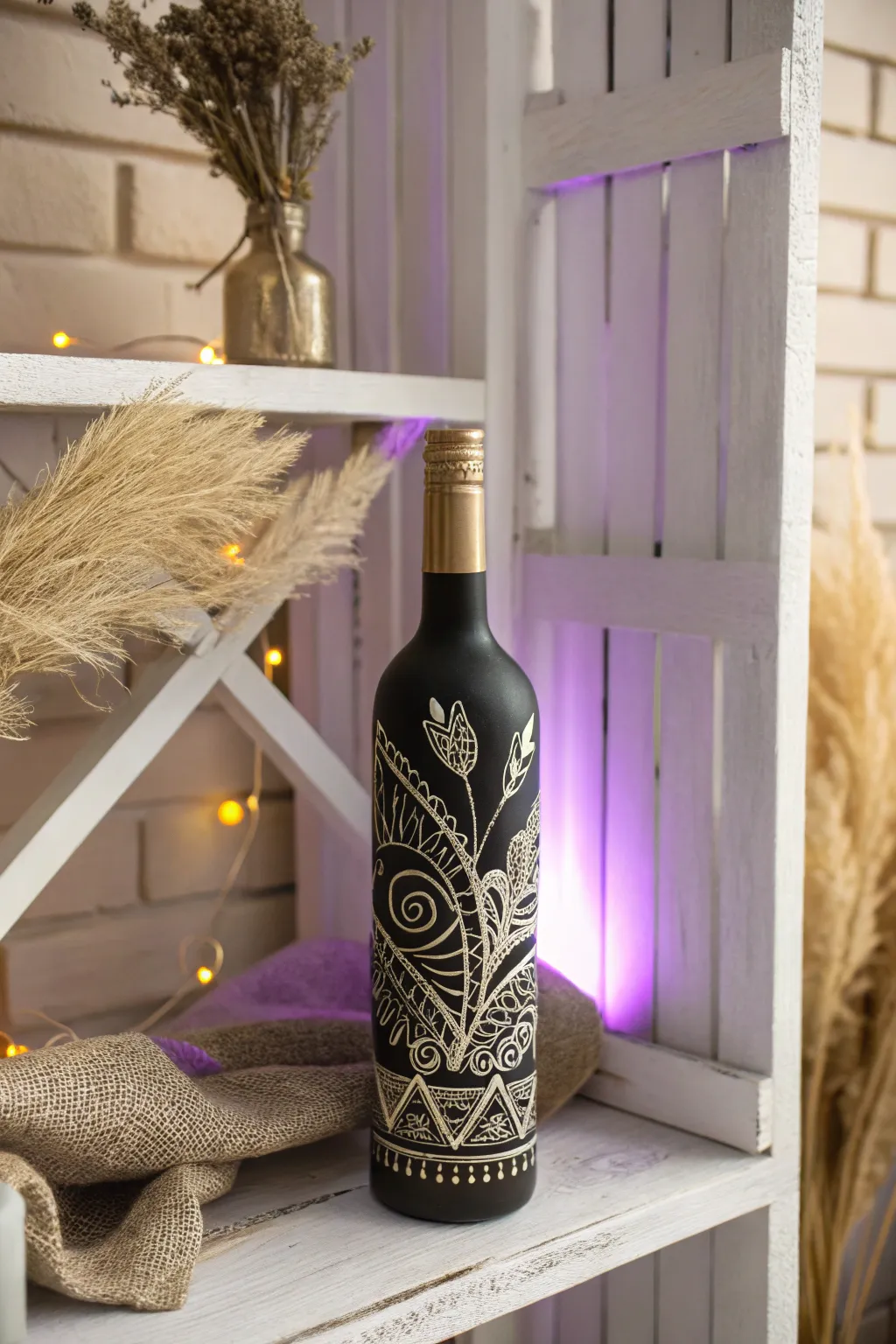 Unlock the magic of color-shifting paints with this enchanting wine bottle art.