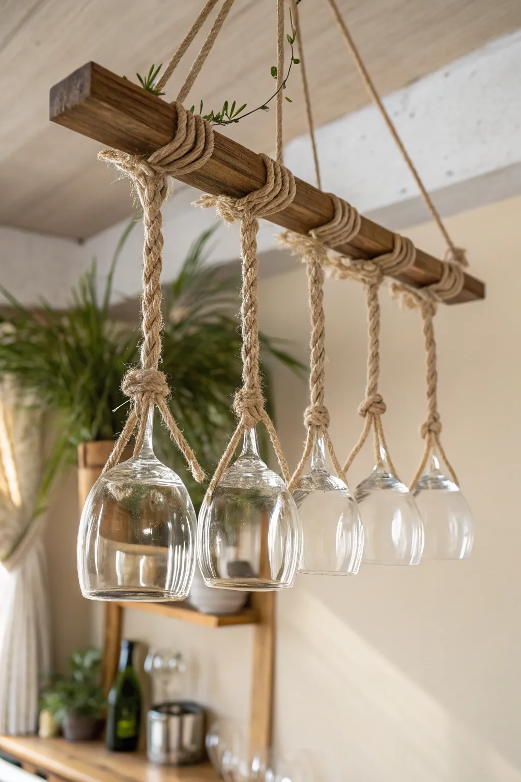 Elevate your space with a touch of nautical elegance using this DIY hanging rope wine glass rack.