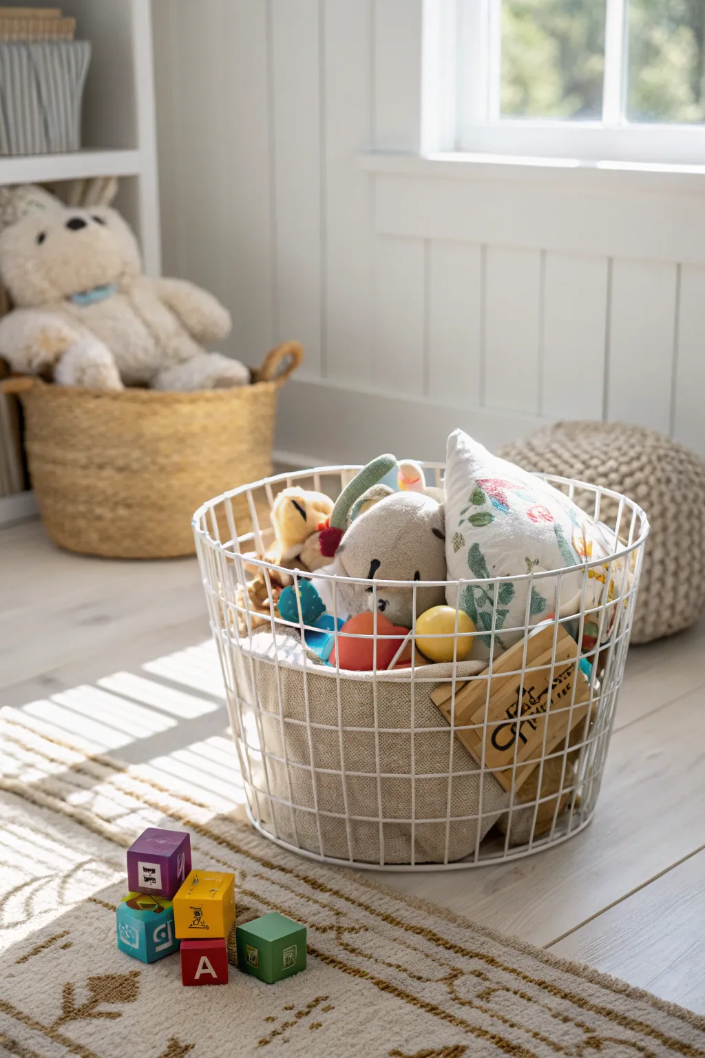 Transform playtime chaos into serene simplicity with stylish wire basket storage.
