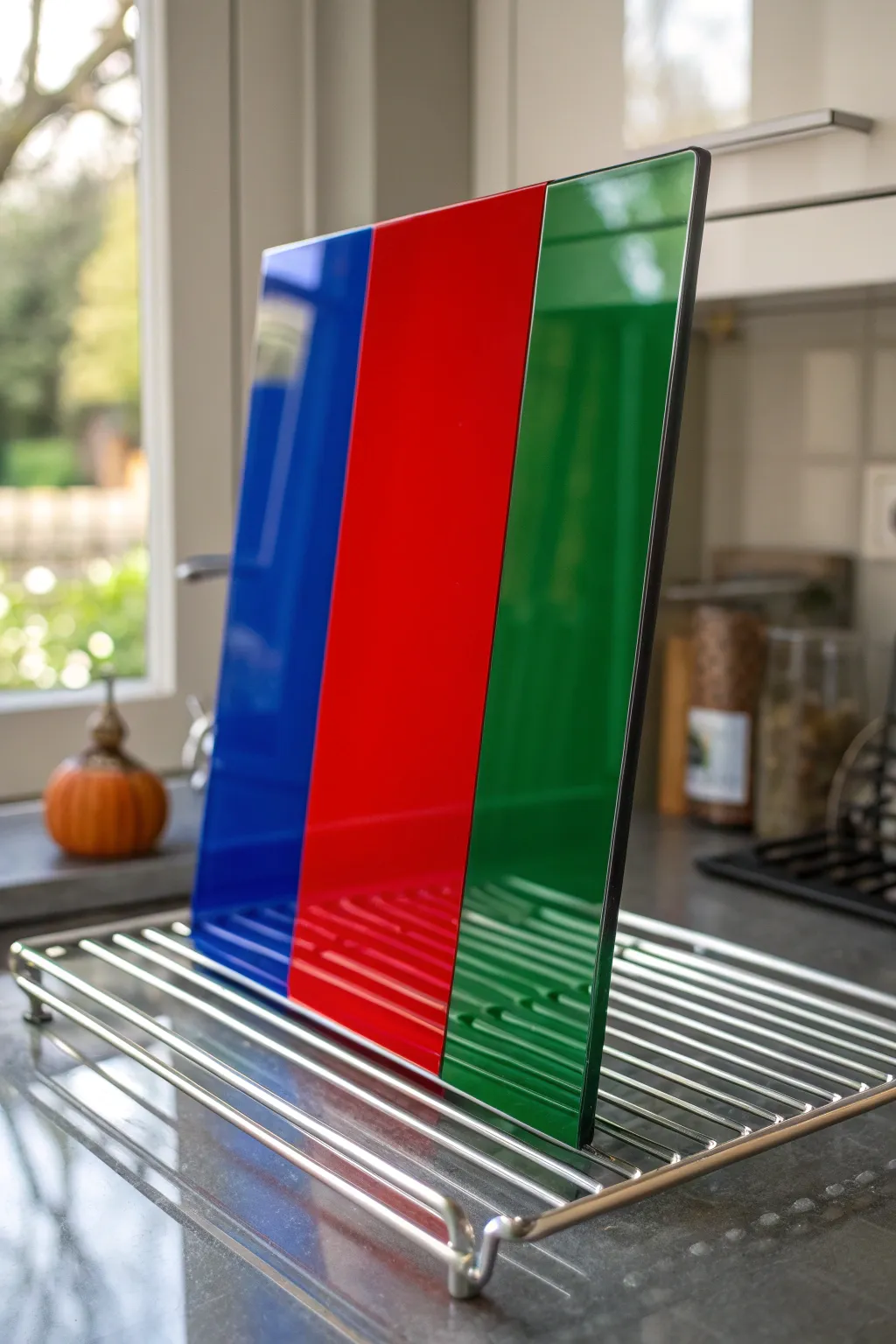 Transform your kitchen with a splash of bold colors using painted plexiglass panels.