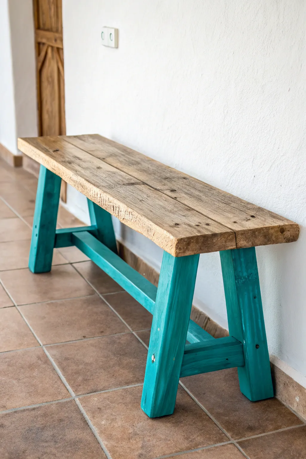 Elevate your space with a pop of teal brilliance against rich wood grain.